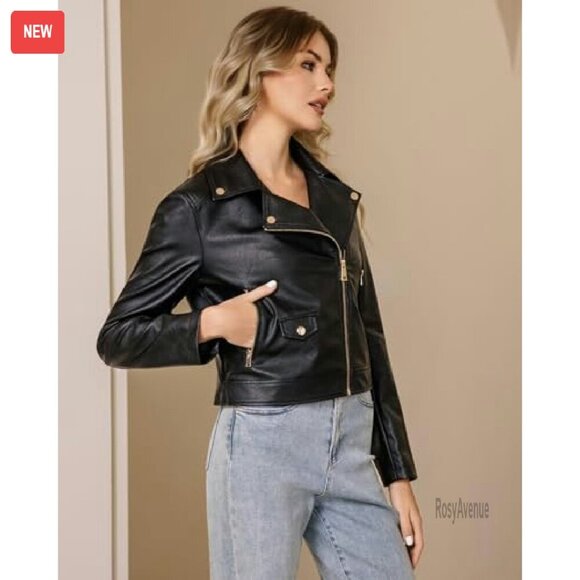 Faux Leather Cropped Moto Jacket Slim Fit Zip Up Biker Coat - Picture 7 of 8